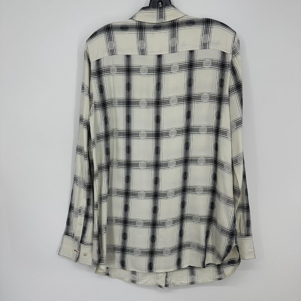 Talbots Plaid Button Down Shirt Top S Long Tunic Length Rayon Cream Black Dots - Picture 2 of 7